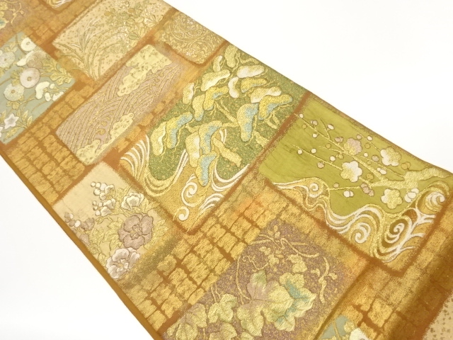 JAPANESE KIMONO / FUKURO OBI / WOVEN ROUGH WAVE & UME 